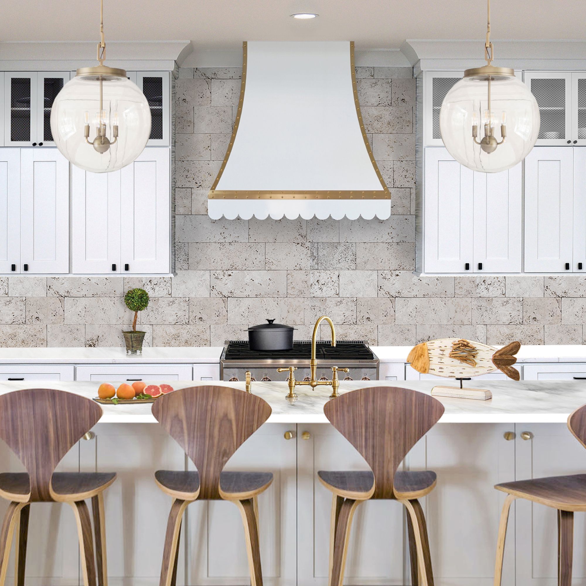 Modern White Wall Mount Stainless Steel Hood with Brass Trim SRH32