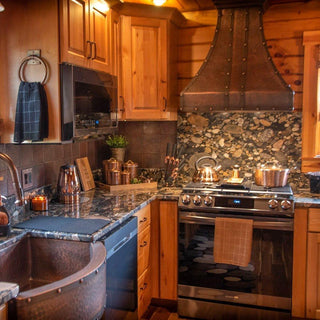 Sinda farmhouse custom copper range hood in antique copper