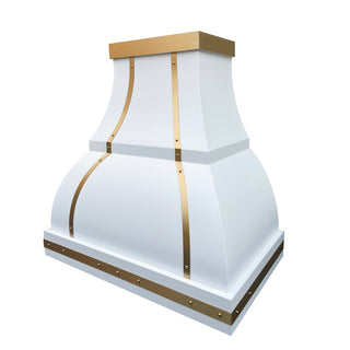 White Stainless Steel Stove Hood with Brass Accents - SINDA