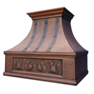 Custom copper range hood h7tra in antique copper light hammered texture with special apron design