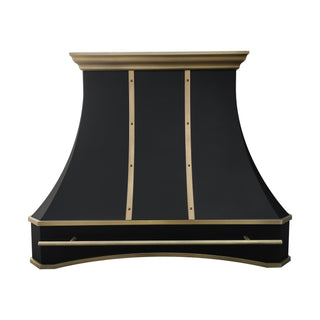 Black range hood with gold trim on a white background