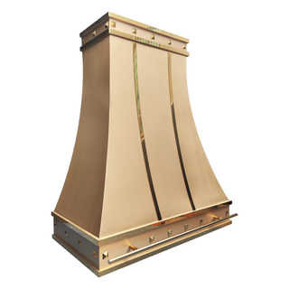 luxury brushed brass range hood with polished brass straps and square rivets