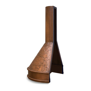 side profile of a copper range hood displaying the forest landscape design