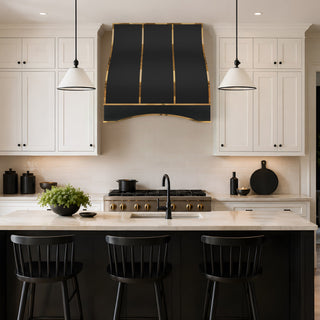 modern black stainless steel kitchen range hood with polished brass straps