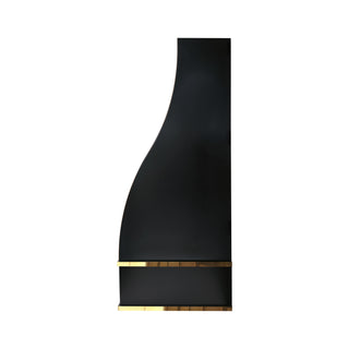 a custom black stainless steel range hood with a curved silhouette and polished brass straps
