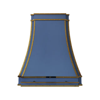 a csutom blue range hood with brass straps and rivets