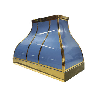 decorative stainless steel range hood with blue glass and gold trim