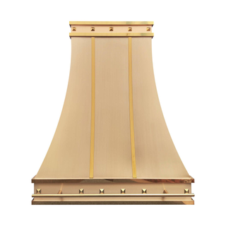 handmade brushed brass range hood with brass straps and rivets 
