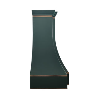 custom green kitchen hood with brass straps