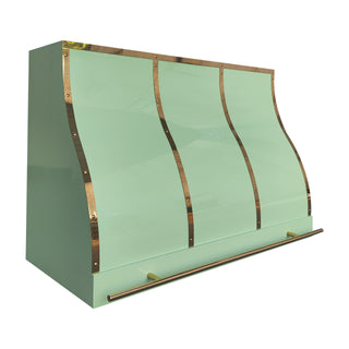 Custom Green Stainless Steel Kitchen Range Hood with Polished Brass Straps