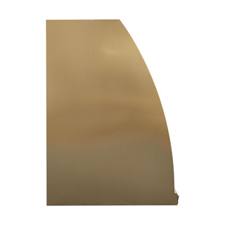  a brush brass custom kitchen hood: gently arched, barrel-shaped silhouette with polished brass straps