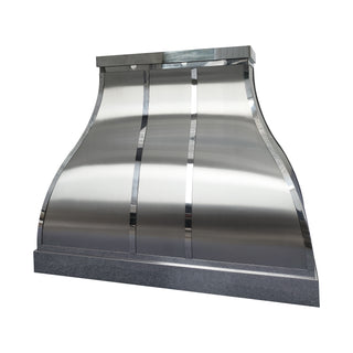 Stainless steel range hood with polished stainless steel straps