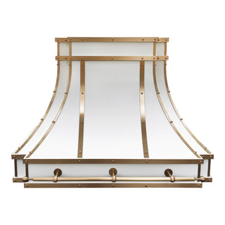 Decorative wall-mounted vent hood with brass accents on a white background