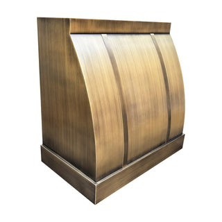 left angled view of a antique brass range hood