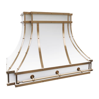 Handcrafted wall-mounted vent hood with brass accents on a white background