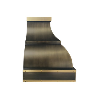 sinda antique brass custom kitchen range hood with brushed brass straps and round rivets