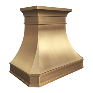 modern custom brush brass range hood with layered trim and angular base details