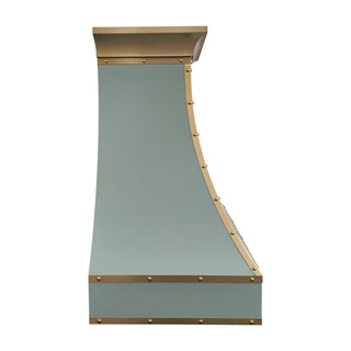 Green kitchen stainless steel hood with gold accents 