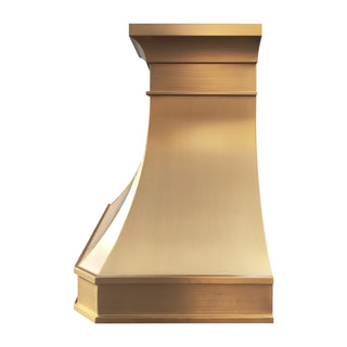 right side view of aged brass range hood with tapered flared shape layered trim and smooth metallic finish
