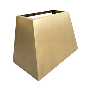 Left angled view of a brushed brass range hood Trapezoidal (narrow top, wide bottom) shape.