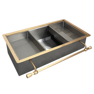 handmade-stainless steel kitchen sink with gold faucet 
