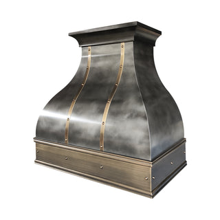 custom zinc range hood with brass accents