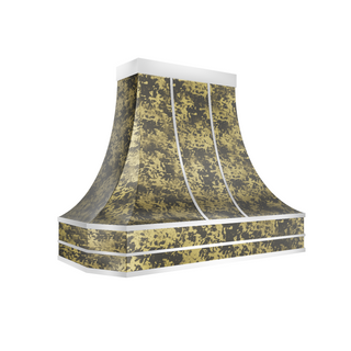 custom stainless steel wall range hood with a gold and black pattern