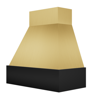 Angled view of a brushed brass range hood: Trapezoidal silhouette (narrow top, wide bottom), with a black stainless steel apron.