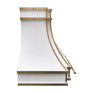 White range hood with gold accents on a white background