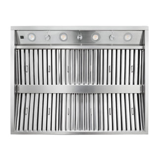 sinda stainless steel range hood with a front-facing slotted grille, four control knobs, and four circular light indicators