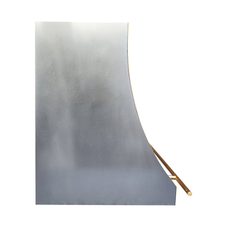 Left side view: Zinc range hood with brushed brass straps, ideal for modern kitchen spaces.