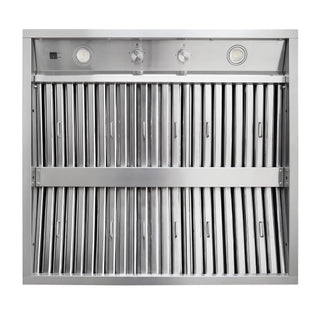 A stainless steel gas grill grates insert with a top control panel featuring two knobs and two circular lights