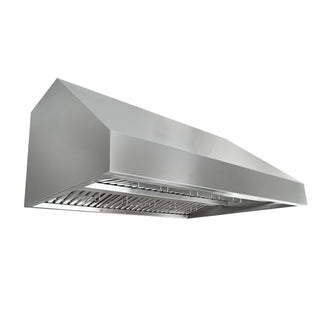 A stainless steel range hood with a geometric triangular design