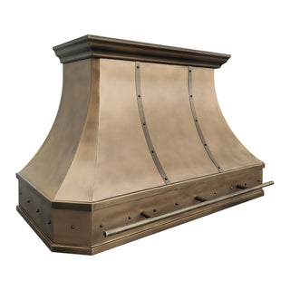 Right front view of an kitchen aged brass range hood