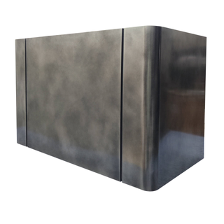 Right angle view: Rectangular box non-directional brushed zinc range hood, a industrial kitchen centerpiece.