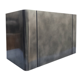 Left angle view: Brushed zinc range hood with a sleek box design, perfect for contemporary kitchens.