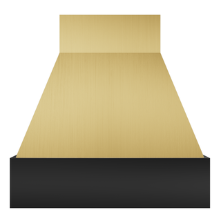 Front view of a brushed brass kitchen hood: Trapezoidal shape (narrow top, wide bottom), with a black stainless steel apron.