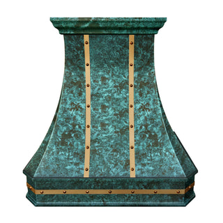 Front view: Copper range hood with classic green patina finish, featuring brushed brass straps and round rivets.