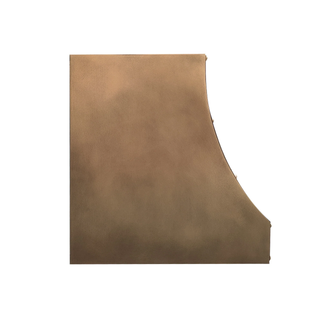 Left side view of an aged brass range hood: Curved side profile; brushed brass straps with round rivets on aged brass body.