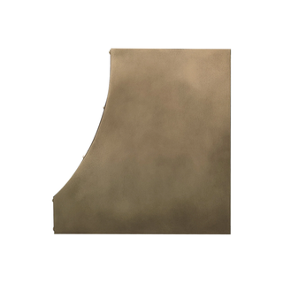 Right side view of an aged brass stove hood: Sleek curved side profile; aged brass body with brushed brass straps and round rivets.