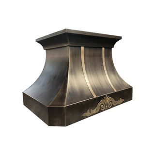 modern antique brass kitchen range hood with two brass straps