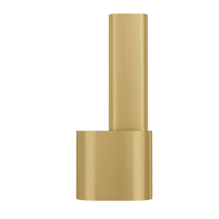 Side view of the brushed brass vent hood: vertical upper cylinder, short lower cylinder, one groove between them.