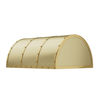 custom kitchen brushed brass range hood with straps and rivets