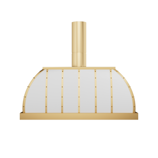 Front view of a custom kitchen hood: arched dome shape, crafted with brush brass frame (including vertical brass straps adorned with round rivets) and  stainless steel panels, topped with a matching brush brass chimney.