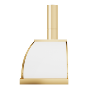 Side view of a custom kitchen hood: arched dome shape, crafted with brush brass frame (including vertical brass straps adorned with round rivets) and  stainless steel panels, topped with a matching brush brass chimney.