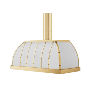 Angled view of a custom kitchen hood: arched dome shape, crafted with brush brass frame (including vertical brass straps adorned with round rivets) and  stainless steel panels, topped with a matching brush brass chimney.