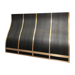 Modern kitchen vent hood with brushed brass straps