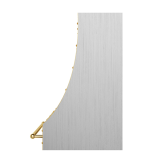 Side view of a brushed stainless steel range hood: Has a curved side profile, tapers top-to-bottom, with brushed brass straps, round rivets and a pot rail.