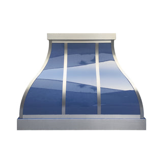 glossy blue stainless steel range hood on a white background