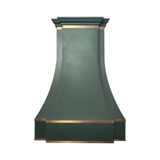 Green kitchen hood with brass straps